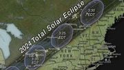 This map shows the path and timing of the total solar eclipse on April 8, 2024. Areas within the dark band will see totality, when the moon completely obscures the sun. The times denote the approximate time of day that totality begins.