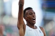 Yared Nuguse reacts after winning the men's 1500 meter final during the U.S. track and field championships in Eugene, Ore., Saturday, July 8, 2023. (AP Photo | Ashley Landis)
