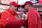 Kansas City Chiefs head coach Andy Reid, left, greets San Francisco 49ers head coach Kyle Shanahan after an NFL football game in Santa Clara, Calif., Sunday, Oct. 23, 2022.